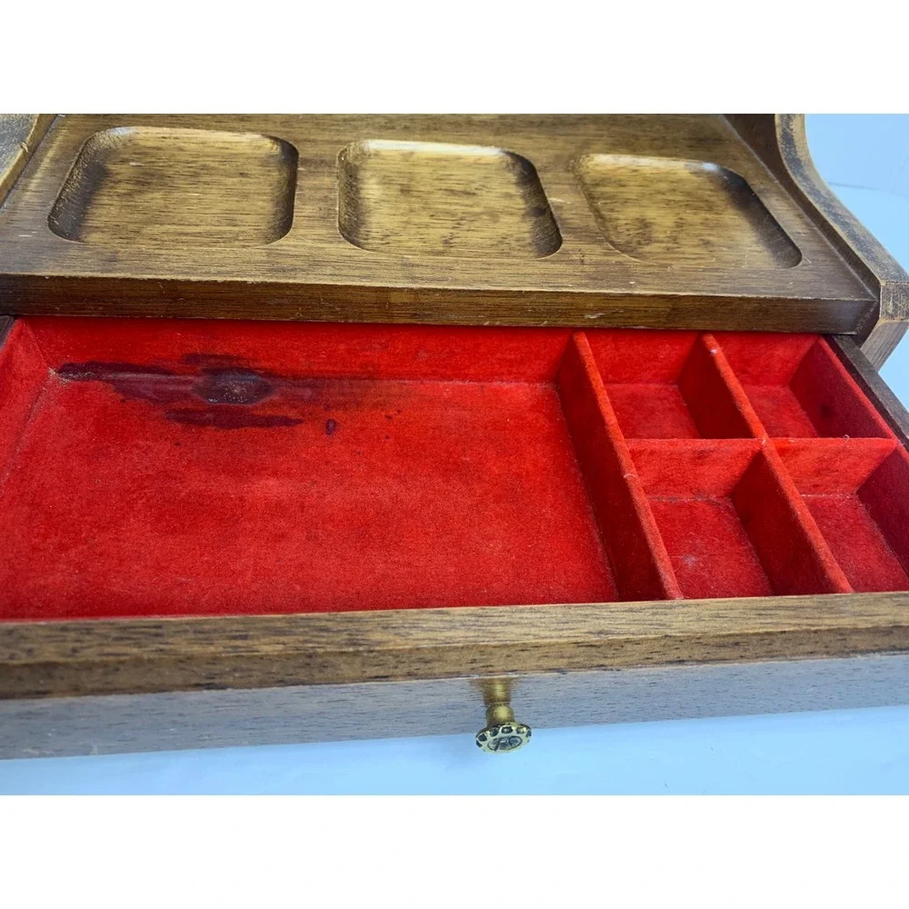 Vintage Wood Desk Organizer Valet Tray Red Felt Lined‎ Jewelry Drawer Brown